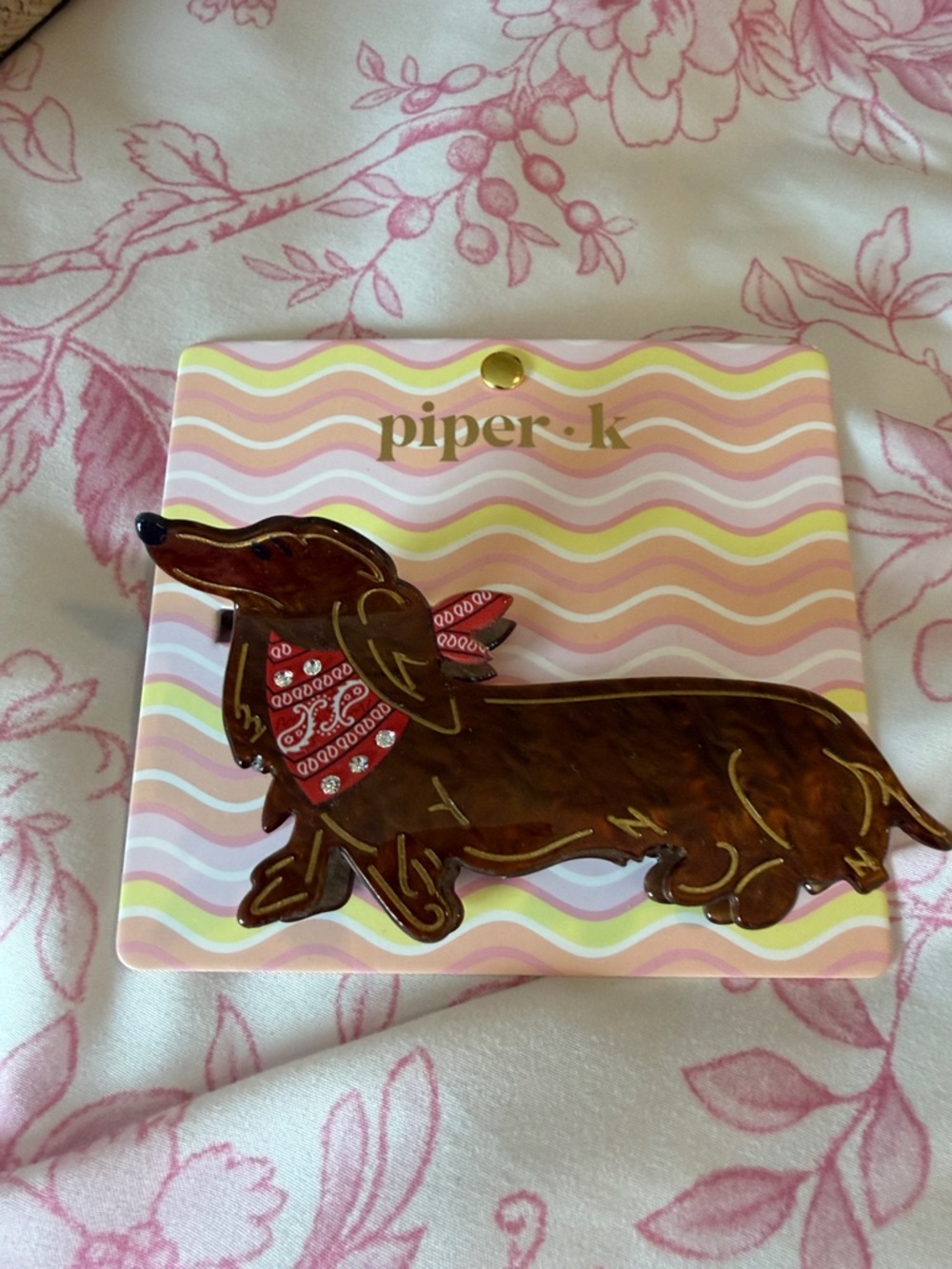 Piper Brown Dachshund Enamel Hair Clip with Red Bandana